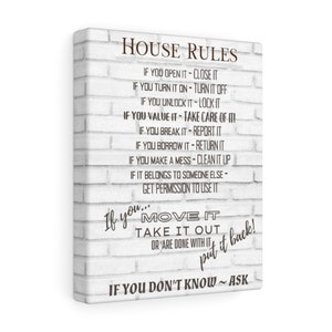 HOUSE RULE PRINT - White Marble Canvas House Rules Sign Art - New House Gift - Living Room Wall Hanging Art - If You Open It Close It White Brick