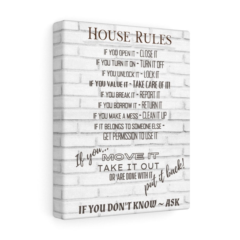 HOUSE RULE PRINT - White Marble Canvas House Rules Sign Art - New House Gift - Living Room Wall Hanging Art - If You Open It Close It White Brick
