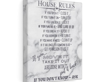 HOUSE RULE PRINT - White Marble Canvas House Rules Sign Art - New House Gift - Living Room Wall Hanging Art - If You Open It Close It