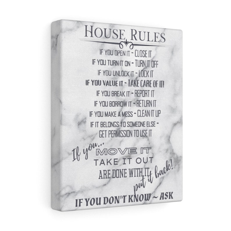HOUSE RULE PRINT - White Marble Canvas House Rules Sign Art - New House Gift - Living Room Wall Hanging Art - If You Open It Close It White Marble