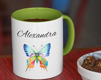 BUTTERFLY COFFEE MUG - Custom Name Mug - Custom Print Cup - White Ceramic Mug - Personalized Mug - Mug For Gift - Butterfly Name Coffee Mug