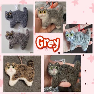 K&ouml;nnte beinhalten: Eine Sammlung von f&uuml;nf Filzkatzen-Anh&auml;ngern. Die Katzen sind alle in verschiedenen Farben und Mustern, darunter grau, braun und schwarz. Die Anh&auml;nger h&auml;ngen alle an einer Schnur.