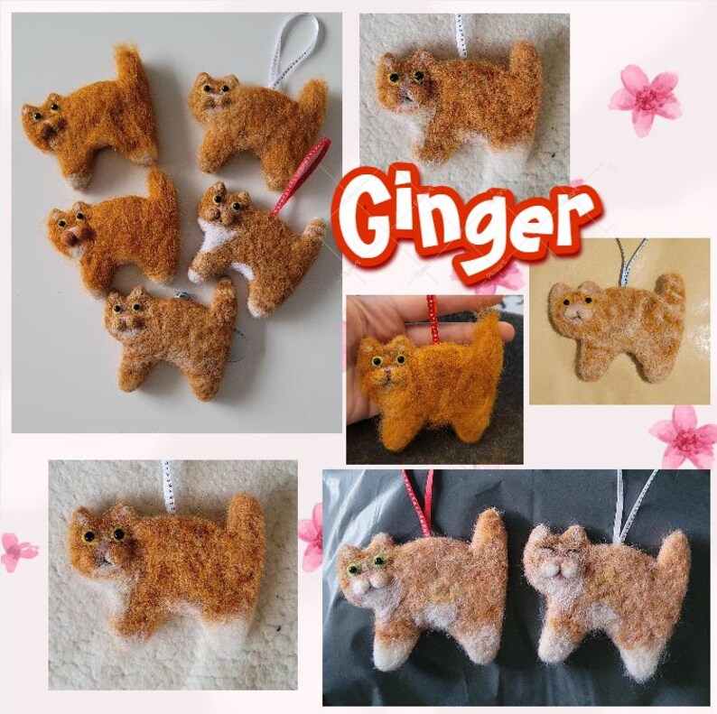 K&ouml;nnte beinhalten: Eine Sammlung handgefertigter Filzkatzen-Anh&auml;nger, jeder mit einem einzigartigen orange-wei&szlig;en Fellmuster. Die Anh&auml;nger sind mit "Ginger" beschriftet und perfekt, um jedem Weihnachtsbaum oder jeder Wohnungsdekoration einen Hauch von Verspieltheit zu verleihen.