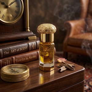 May include: A gold-colored perfume bottle with a decorative cap sits on a wooden surface. The bottle is next to a stack of books with titles like "The Art of Scent" and "Travels in Arabia." A vintage clock and compass are also visible.