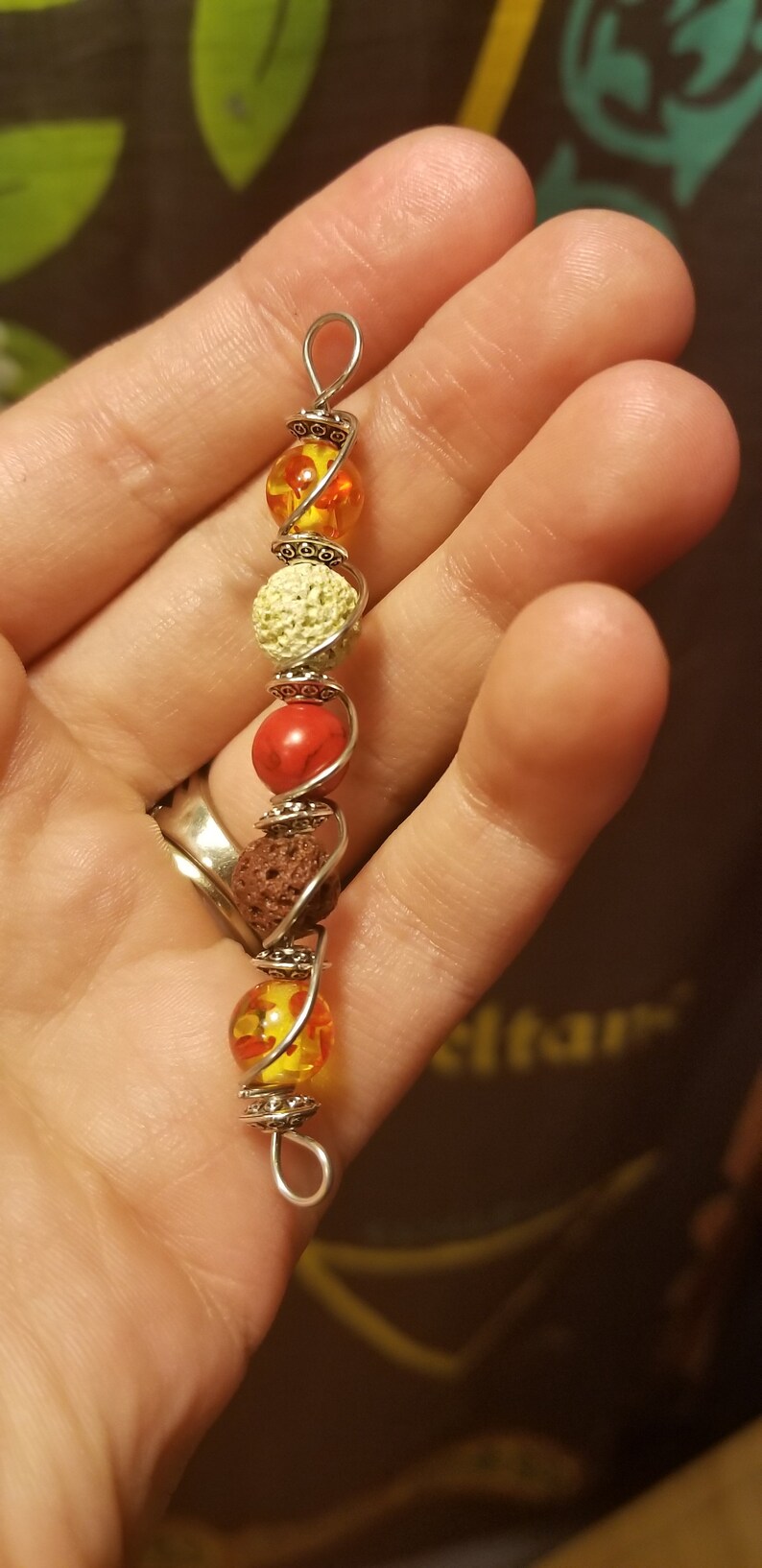 and Lava Stone Beaded Pendant Amber Resin Red Turquoise