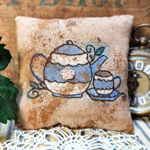 Vintage Victorian Tea Pot and Cup Embroidered and Painted 4-Inch Home Decor Accent Pillow