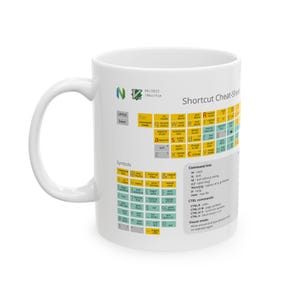 Puede incluir: Taza de cerámica blanca con un gráfico colorido de atajos de teclado para el editor de texto Neo Vim. El gráfico incluye símbolos, comandos de línea de comandos y comandos en modo visual.
