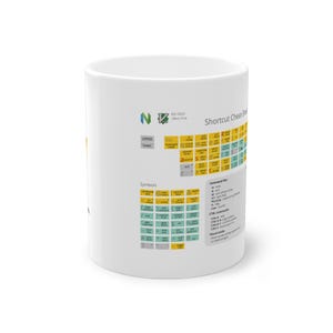 Pode incluir: Caneca de cerâmica branca com uma folha de dicas de atalhos impressa. A caneca apresenta uma grade colorida de atalhos de teclado, símbolos e linhas de comando. O texto "Shortcut Cheat-Sheet" é impresso na lateral da caneca.