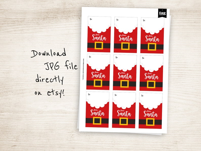 May include: Sheet of Santa gift tags. Each tag features a red Santa suit design with a black belt and gold buckle. The words "From Santa" are printed in white. The text "Download JPG file directly on etsy!" is also visible.