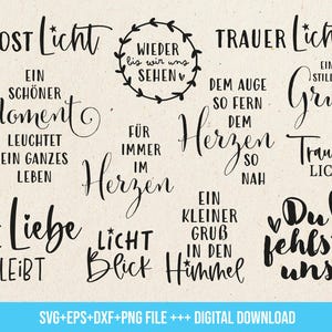 Puede incluir: Un gráfico de descarga digital con varias frases alemanas en un estilo manuscrito. Las frases incluyen "Trost Licht", "Ein schöner Moment" y "Die Liebe bleibt". El gráfico es en negro sobre un fondo beige.