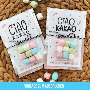 May include: Two small packets of marshmallows, each with a label that reads "CIAO KAKAO" in black script. The packets are tied with black and white twine and contain pastel-colored marshmallows. The background is a woven wicker surface.