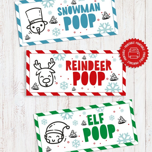 SNOWMAN POOP Bag Wrapper Printable, snowman elf reindeer poop favor kids school Treat Topper Digital Download
