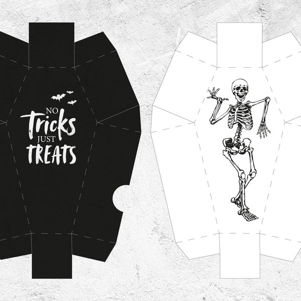 No Tricks just Treats Coffin Box Halloween Party Printable,  Horror Skeleton Coffin Favor Box Template, Coffin Treat Box Digital Download