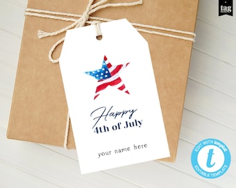 4th July Party Star Favor Treat Tag Printable, Independence Day Gift Tag Template, Happy 4th July tag Editable Text Digital Instant Download