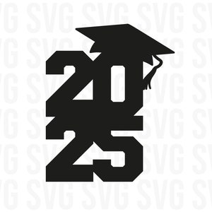 Könnte beinhalten: Schwarze und weiße Silhouette der Zahlen 2025 mit einer Abschluss-Kappe auf der 0. Die Kappe hat einen Quasten, der herunterhängt.