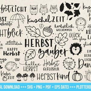 May include: A digital download graphic featuring autumn-themed illustrations and text in German. The design includes words like "Herbst" (autumn), leaves, owls, hedgehogs, pumpkins, and mushrooms, all in a black and white color scheme.