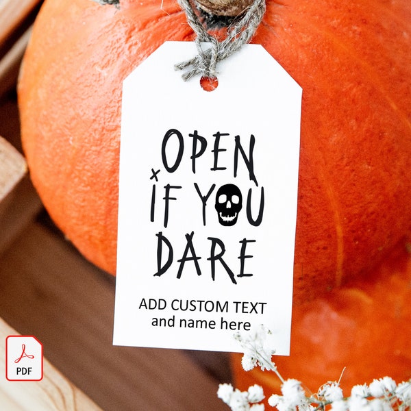 open if you dare TREAT Tag Printable,  Editable Halloween Favor Tag Template, SKULL Horror Party Gift Tag Digital Instant Download