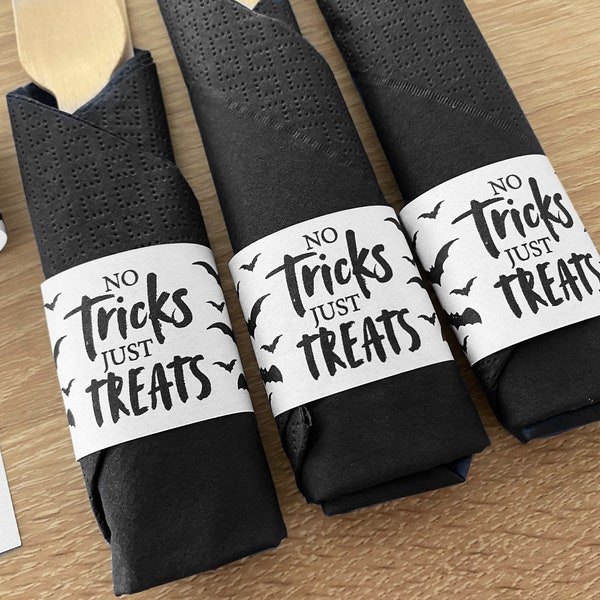 Halloween Napkin Rings Printable, Cutlery Napkin Holder No Tricks Just Treats Horror Party Digital Download