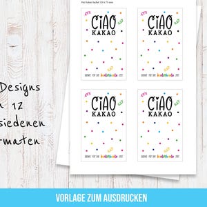 May include: Printable design featuring four rectangular cards with the text "CIAO KAKAO" in black, surrounded by colorful polka dots and confetti. The image also includes text indicating two designs in 12 different formats.