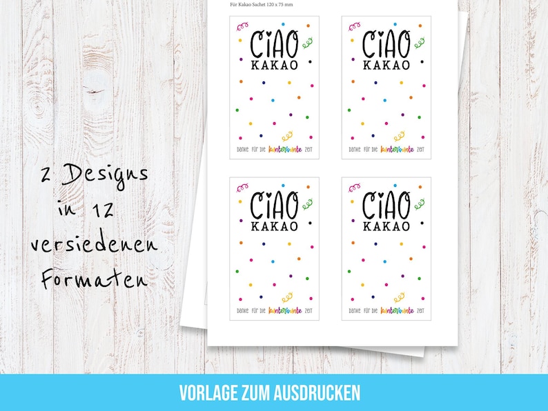 May include: Printable design featuring four rectangular cards with the text "CIAO KAKAO" in black, surrounded by colorful polka dots and confetti. The image also includes text indicating two designs in 12 different formats.