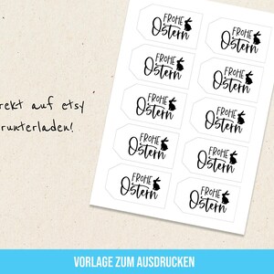 May include: Printable Easter gift tags with a bunny silhouette and the text "Frohe Ostern" in black on a white background.  The text "Direkt auf etsy herunterladen!" is written in black on a white background.  The text "Vorlage zum Ausdrucken" is written in blue on a white background.