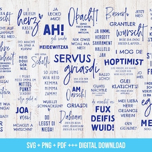 Könnte beinhalten: Eine Sammlung von 30 blauen und weißen digitalen Stempeln mit deutschen Phrasen und Sprüchen. Die Stempel befinden sich auf einem weißen Holzgrund. Die Sätze beinhalten "Obacht!" "Servus" "Griasdi" "Joa" "S'Lebn is a Freid!" und "Deifis Wuids!"