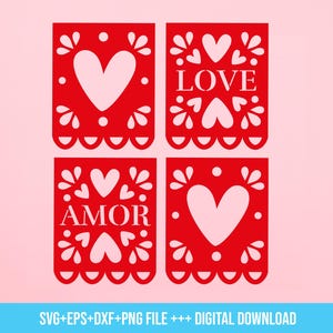 valentine love papel picado SVG, heart love valentines day, Fiesta Decor ofrendas picado Digital Download, amor papel picado SVG Cut File
