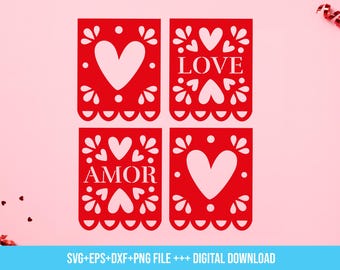 Plotter per decorazioni di San Valentino, San Valentino amore papel picado SVG, cuore amore San Valentino, Fiesta Decor amor papel picado svg Download digitale