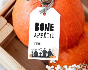 Bone Appetit Halloween Skeleton Gift Tag Printable, Editable Horror Party Favor Skeleton Bones Treat Tag, Digital Instant Download