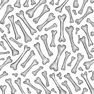 Könnte beinhalten: Ein nahtloses Muster aus handgezeichneten Knochenillustrationen in Schwarzweiß. Die Knochen sind zufällig auf einem weißen Hintergrund verteilt.