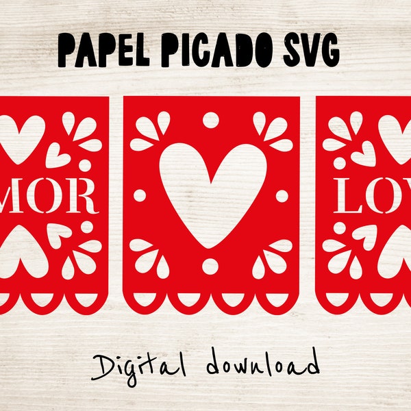 valentine love papel picado SVG, heart love valentines day Fiesta Decor ofrendas picado Digital Download, amor papel picado SVG Cut File
