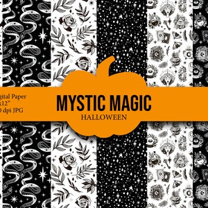 Könnte beinhalten: Ein Set aus 8 digitalen Papieren mit Schwarzweiß-Illustrationen von Schlangen, Blumen, Sternen und mystischen Symbolen auf weißem oder schwarzem Hintergrund. Die Papiere sind 30,5 x 30,5 cm groß und haben eine Auflösung von 300 dpi. Der Text "Mystic Magic Halloween" ist auf einem orangefarbenen Hintergrund in Form eines Kürbisses dargestellt.