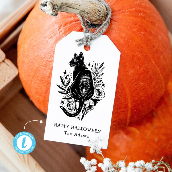 Black CAT Favor Treat Tag ADD TEXT Printable, Editable Mystic Tarot cat Horror Party Gift Tag Digital Instant Download