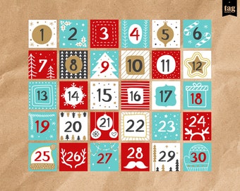 Advent Calendar Numbers  Printable, christmas countdown numbers digital download, DIY Adventskalender Zahlen Handlettering Download