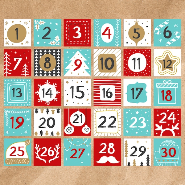 Advent Calendar Numbers  Printable, christmas countdown numbers digital download, DIY Adventskalender Zahlen Handlettering Download