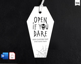 Coffin Gift Tag OPEN if you dare Halloween Party Favor Printable, editable ADD NAME Horror Gothic Treat Tag, Digital Instant Download