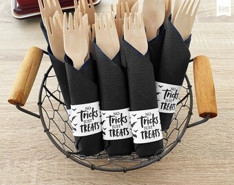 Halloween Napkin Rings Printable, Cutlery Napkin Holder No Tricks Just Treats Horror Party Digital Download