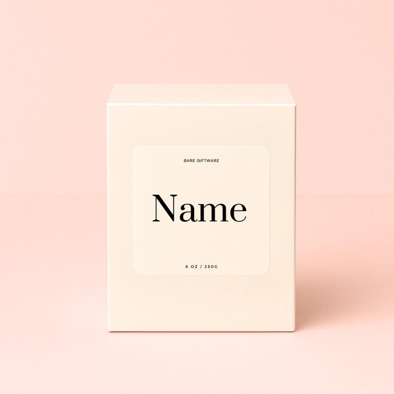 May include: White square box with a label that says "Bare Giftware" and "Name" in black text. The label also says "8 oz / 250g".
