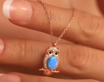 Australian Opal Owl Necklace: Sterling Silver Animal Jewelry