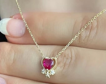 Gold Heart Garnet Gemstone Necklace • Dainty Gold Ruby Birthstone Necklace • Wedding Heart Pendant Necklace • Red Ruby Heart Bridal Necklace