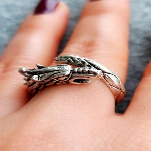 Fierce Dragon Head Adjustable Ring – Gothic Fantasy Serpent Jewelry, Silver Plated Statement Ring