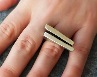 Silver Bar Statement Ring: Matte Geometric Adjustable Ring