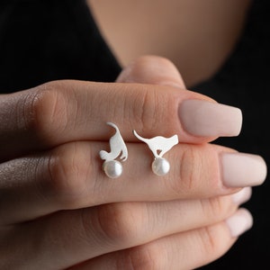 Cat Sterling Silver Pearl Earrings • Cat Stud Pearl Earrings • Hypoallergenic Cat Earrings, Cat Earrings for Women, Pet Gifts for Cat Owners
