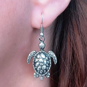 Silver Sea Turtle Dangle Earrings: Boho Ocean Jewelry