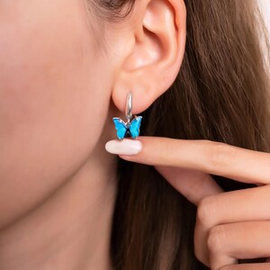 Blue Butterfly Sterling Silver Hoop Earrings: Dainty Jewelry