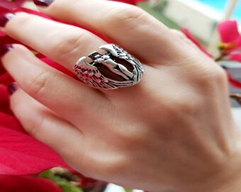 Handmade Silver Plated Angel Wing Ring: Gothic Fantasy Jewelry
