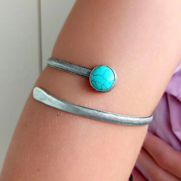 Turquoise Silver Wrapped Charm Arm Cuff • Silver Dianty Turquoise Arm Cuff, Upper Arm Boho Hippie Cuff Bracelet, Tribal Ethnic Cuff Bracelet