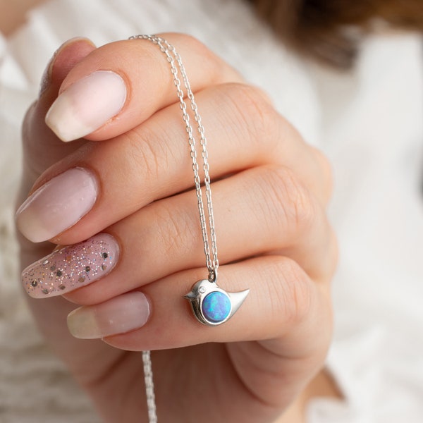 Opal Bird Charm • Bird Necklace • Bird Pendant • Best Friend Necklace • Silver Bird Jewelry • Tiny Bird Necklace • Tiny Opal Silver Necklace