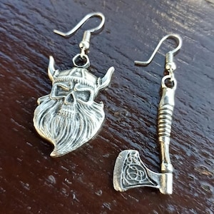 Viking Skull & Axe Earrings: Silver-Plated Norse Jewelry