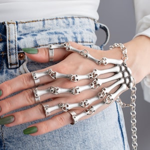 Skeleton Hand Bracelet: Silver Plated Gothic Halloween Jewelry